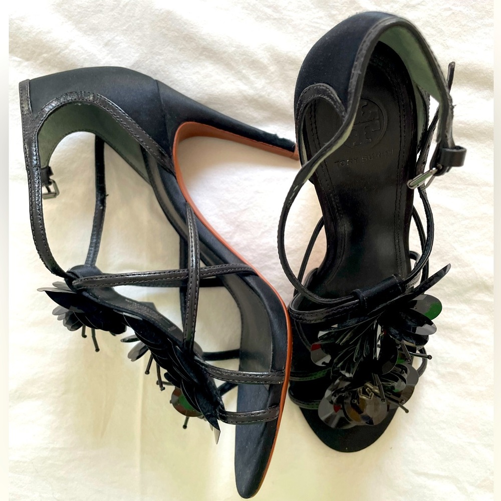 Tory Burch 3.75” designer strappy black satin Size 7 cocktail party stiletto